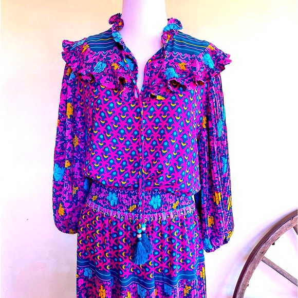 DIANE FREIS Beautiful Vtg 90’s Classic Floral Geometric Dress Fringe Tie Sz 12 - Picture 2 of 15